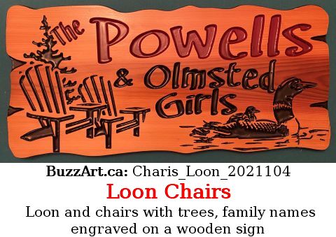 Loon and chairs with trees, family names engraved on a wooden sign